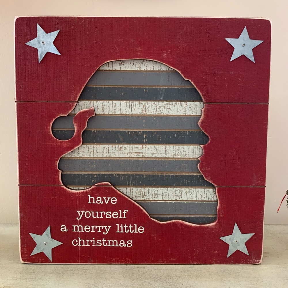 Primitives By Kathy Santa Cut Out Wooden Slat Box Sign Red